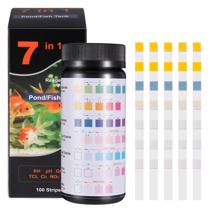 7 in 1 Aquarium Test Strips, 100 Strips Fish Tank Test Kit, Pool Test Strips, Freshwater Saltwater Aquarium Water Test Kit to Detect pH, Alkalinity, Nitrite, Nitrate, Chlorine