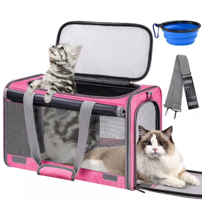 Cat Carrier Airline Approved, Pet Carriers for Cats with Water Bowl/Front Pocket/Adjustable Shoulder Strap, Collapsible Pet Carrier for Small Medium Cat Dogs up to 20lbs - Pink