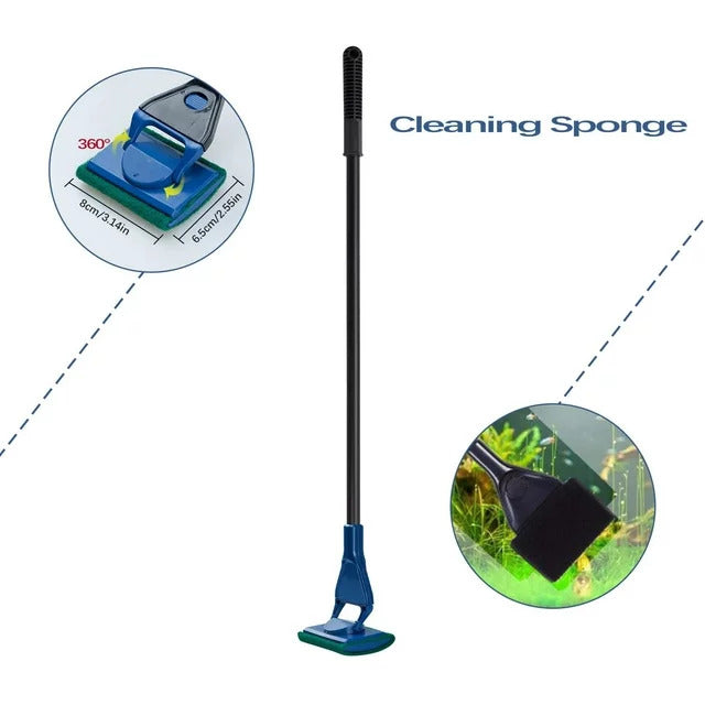 5 in 1 Fish Tank Cleaner Aquarium Cleaning Set Fish Net Siphon Gravel Cleaner Algae Scrubber Scraper Glass Cleaner Tool Kit Blue and Black