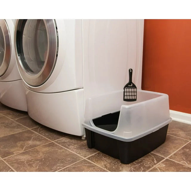 High Sided Open Top Cat Litter Box with Scoop - Solid Black