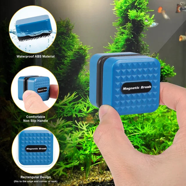 Magnetic Fish Tank Cleaner Brush Aquarium Algae Scraper with Non-Slip Handle (Blue)