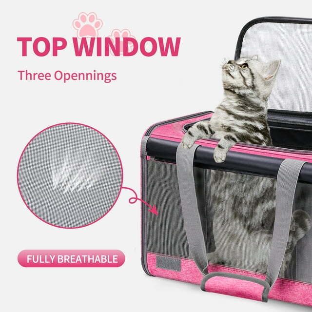 Cat Carrier Airline Approved, Pet Carriers for Cats with Water Bowl/Front Pocket/Adjustable Shoulder Strap, Collapsible Pet Carrier for Small Medium Cat Dogs up to 20lbs - Pink