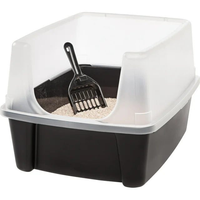 High Sided Open Top Cat Litter Box with Scoop - Solid Black