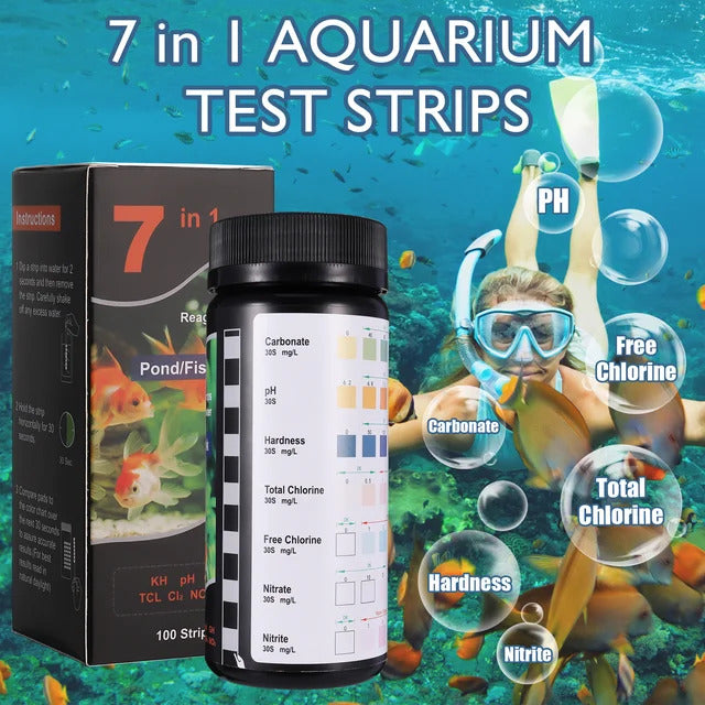 7 in 1 Aquarium Test Strips, 100 Strips Fish Tank Test Kit, Pool Test Strips, Freshwater Saltwater Aquarium Water Test Kit to Detect pH, Alkalinity, Nitrite, Nitrate, Chlorine