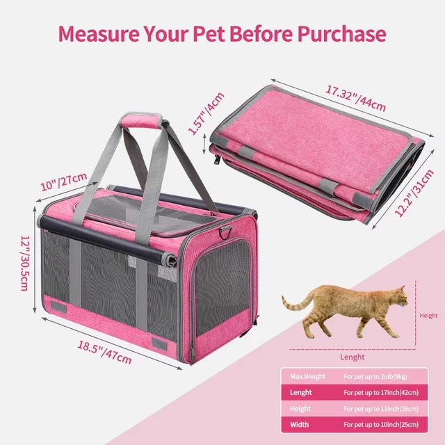 Cat Carrier Airline Approved, Pet Carriers for Cats with Water Bowl/Front Pocket/Adjustable Shoulder Strap, Collapsible Pet Carrier for Small Medium Cat Dogs up to 20lbs - Pink