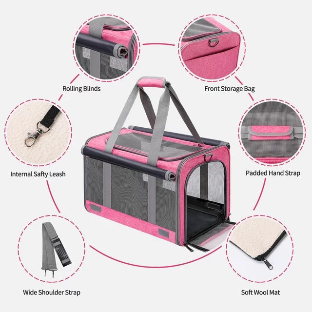 Cat Carrier Airline Approved, Pet Carriers for Cats with Water Bowl/Front Pocket/Adjustable Shoulder Strap, Collapsible Pet Carrier for Small Medium Cat Dogs up to 20lbs - Pink