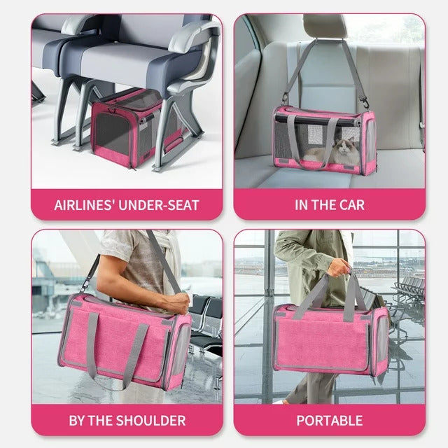 Cat Carrier Airline Approved, Pet Carriers for Cats with Water Bowl/Front Pocket/Adjustable Shoulder Strap, Collapsible Pet Carrier for Small Medium Cat Dogs up to 20lbs - Pink