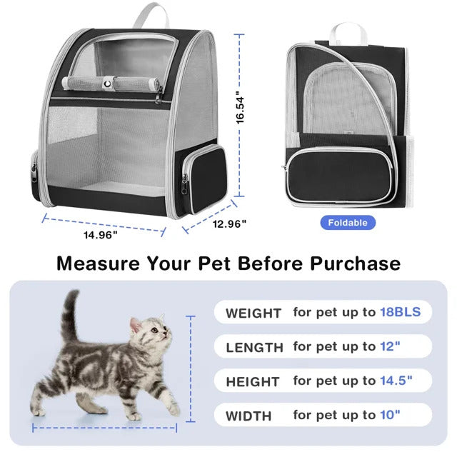 Pet Carrier Backpack for Dogs Cats, Puppies up to 18lbs, Cat Carrier with Side Pocket, Fully Ventilated Mesh, Airline Approved, Dog Carrier Backpack for Travel, Hiking, Walking & Outdoor Use, Black